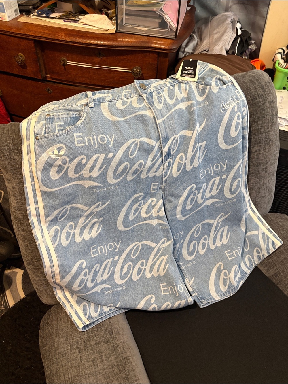 Adidas,Coca-Cola Light Blue & White Logo Denim Jorts, Brand new,cut small